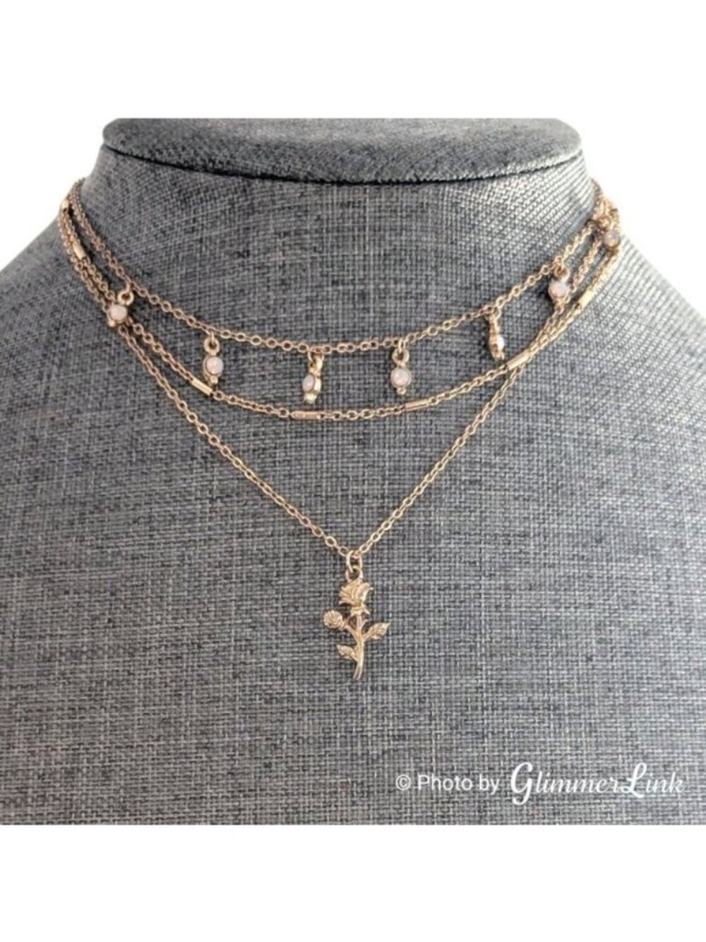 Gold Tone Triple Strand Necklace with Rose Pendant and Opalescent Rhinestones